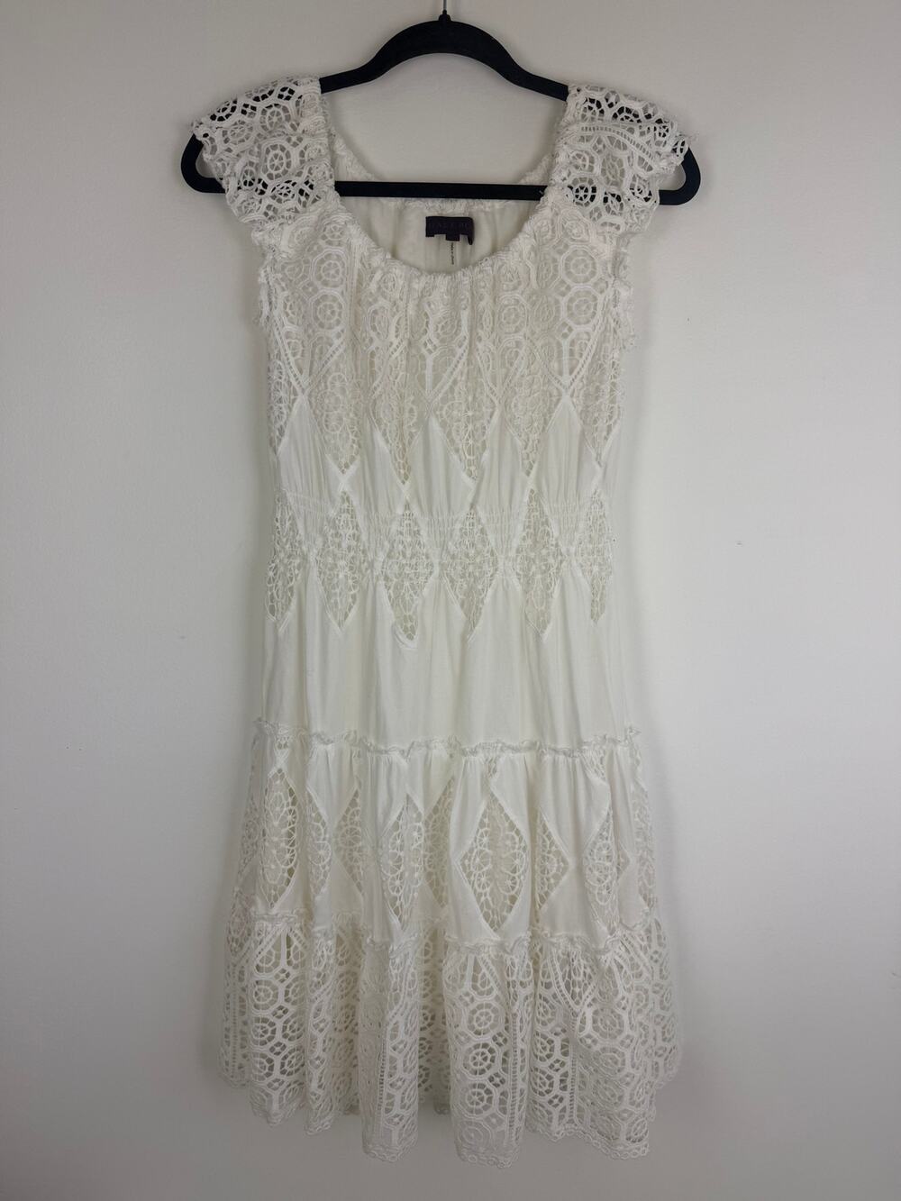 Hale Bob Womens Cap Sleeve Eyelet Bohemian Lined Lace Overlay White Dress XS